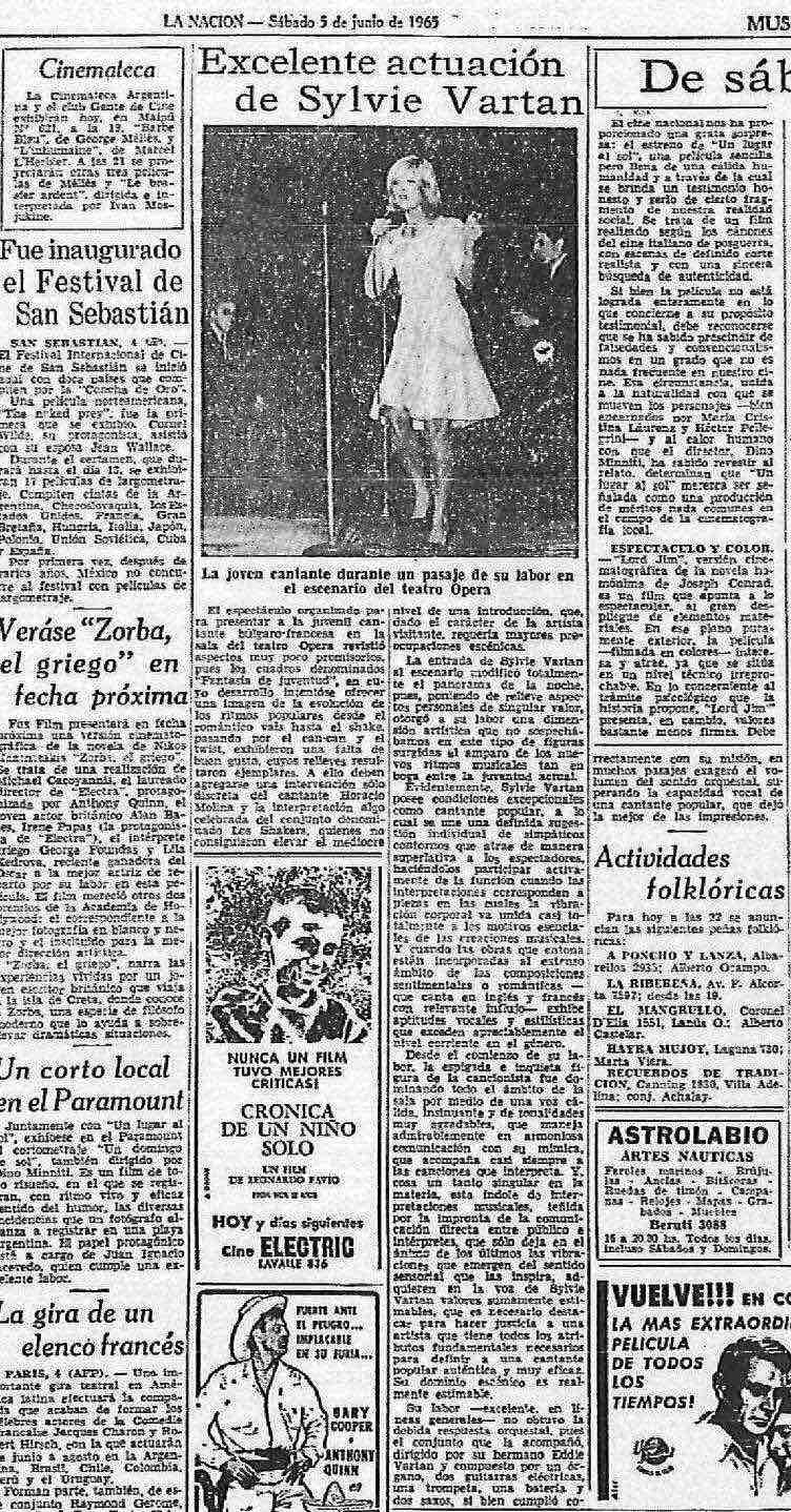 Article "La nacion" du 5 juin 1965 sur le concert de Sylvie Vartan au théâtre opéra de Buenos Aires