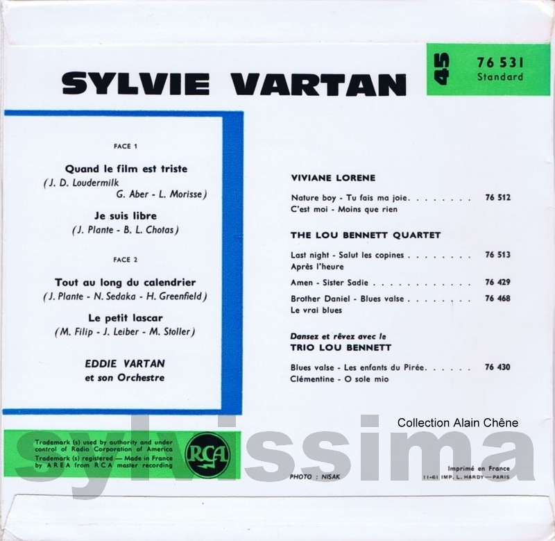 Sylvie Vartan EP "Quand le film est triste"   RCA 76.531 Ⓟ 1961 verso