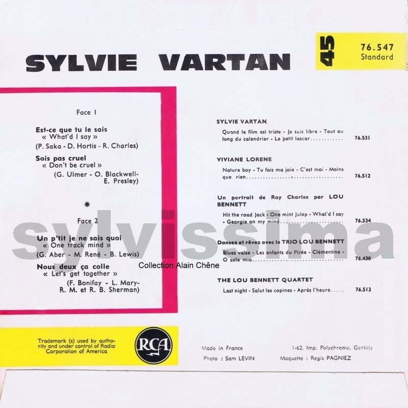 Sylvie Vartan EP "Est-ce que tu le sais""   -  RCA 76.547 Ⓟ 1962 verso