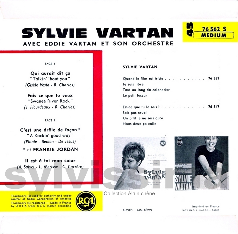 Sylvie Vartan EP  RCA 76.562 -  Qui aurait dit ça? Ⓟ 1962  verso
