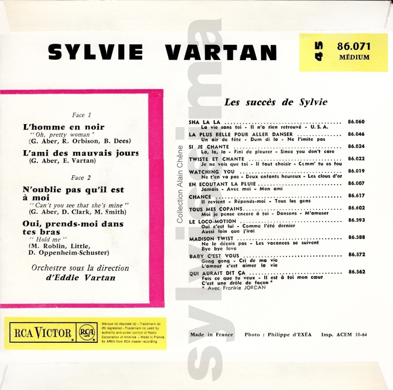   EP Sylvie Vartan  RCA 86.071 -  L'homme en noir - Ⓟ 1964 verso