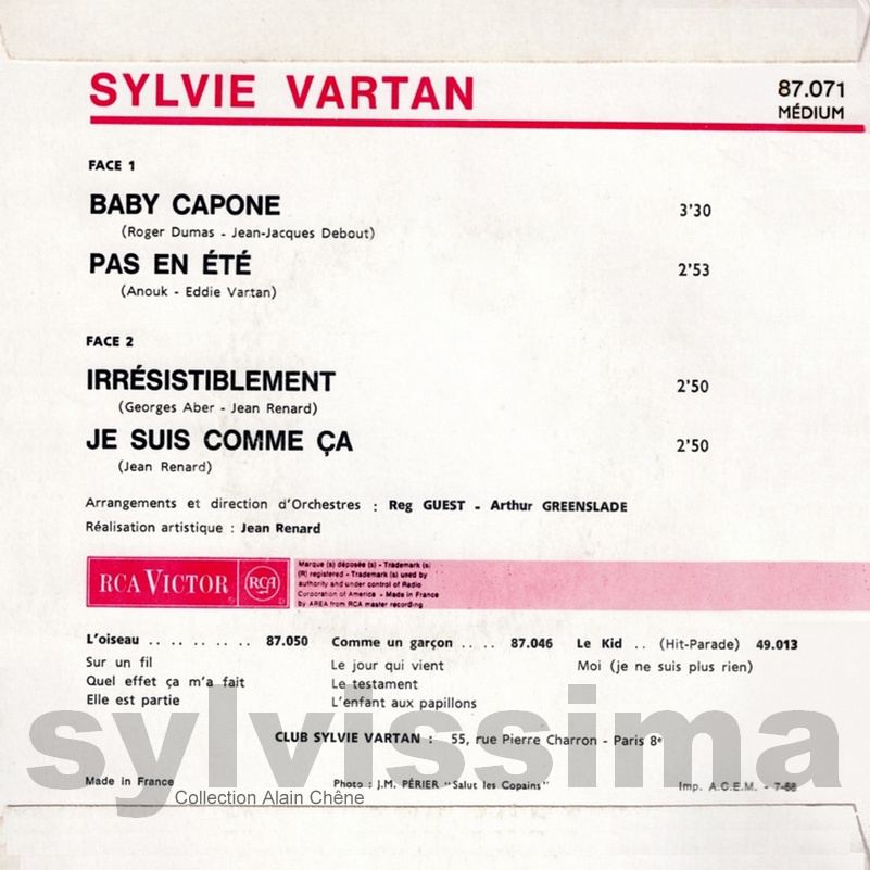 EP Sylvie Vartan Baby Capone - 87.071 - Ⓟ 1968  verso