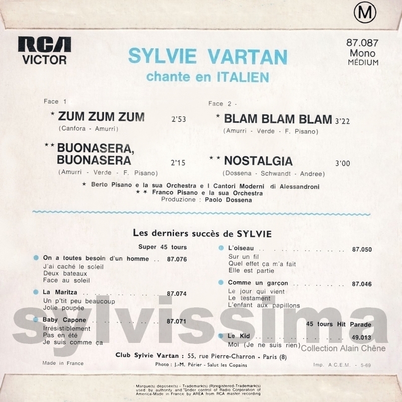   EP Sylvie Vartan  Sylvie chante en italien - 87.087 - Ⓟ 1969 verso
