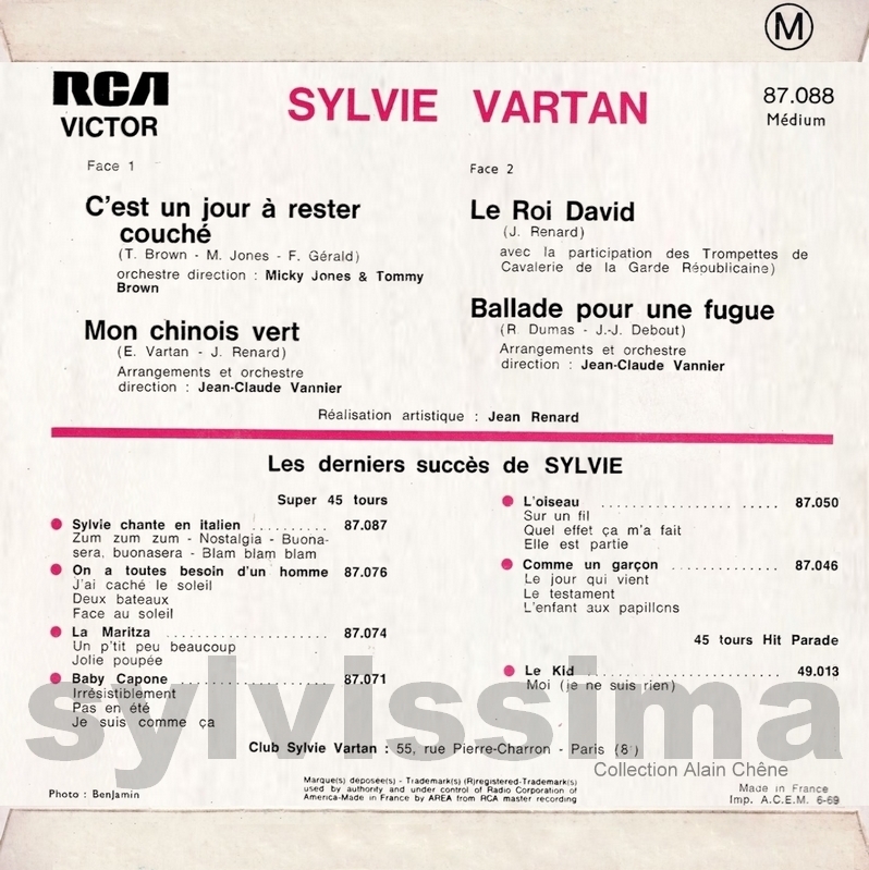 Sylvie Vartan EP C'est un jour à rester couché - 87.088 - Ⓟ 1969 verso