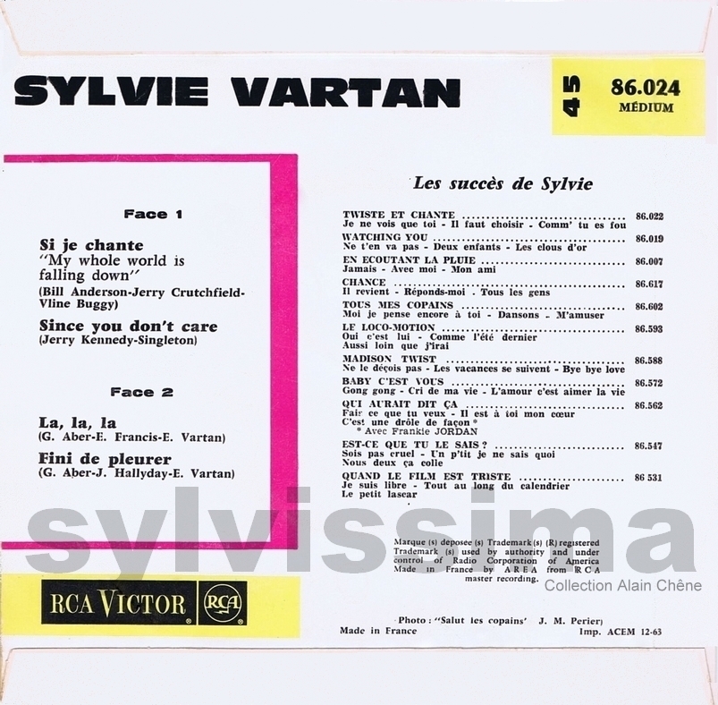 EP Sylvie Vartan  "Si je chante"  Pochette 1   86.024  Ⓟ 1963 verso