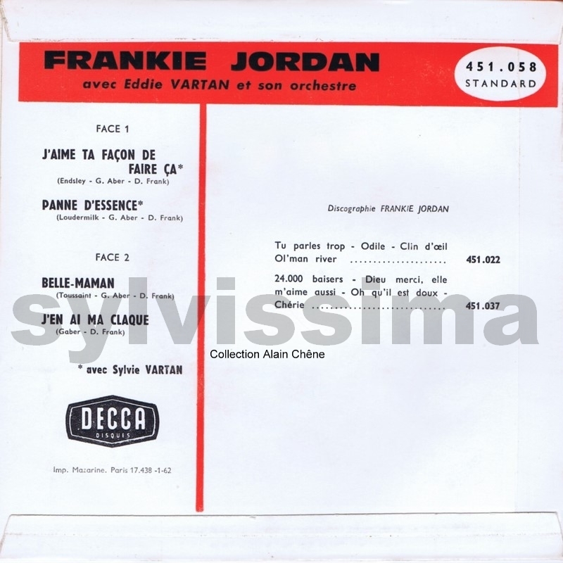  EP "Panne d'essence"  de Frankie Jordan avec la participation de Sylvie Vartan - DECCA 451058 Ⓟ 1961 verso