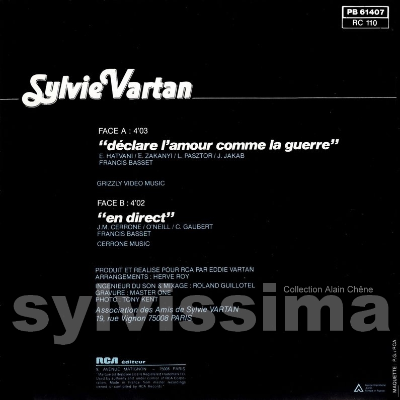 SP Sylvie Vartan  Déclare l'amour comme la guerre - PB 61 407 - Ⓟ 1984 verso
