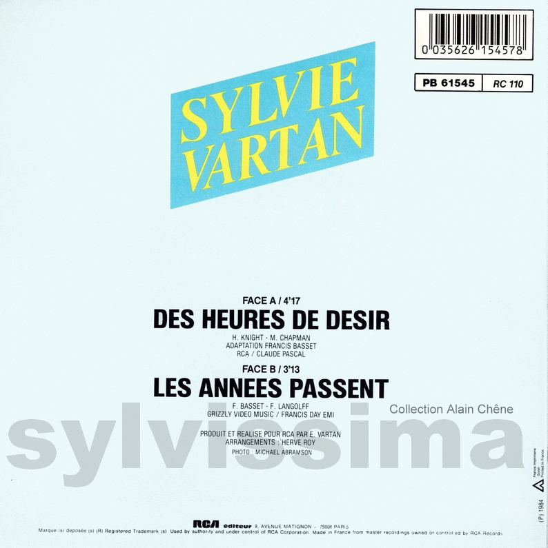 SP Sylvie Vartan  Des heures de désir  -  PB 61 545  -  Ⓟ 1984 verso