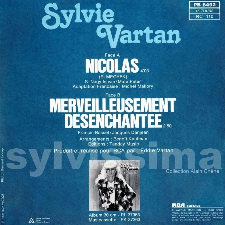 SP Sylvie Vartan  Nicolas  -  PB 8492  -  Ⓟ 1980  verso