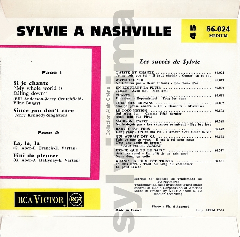    EP Sylvie Vartan  "Si je chante"  Pochette 2  RCA 86.024 Ⓟ 1963 verso