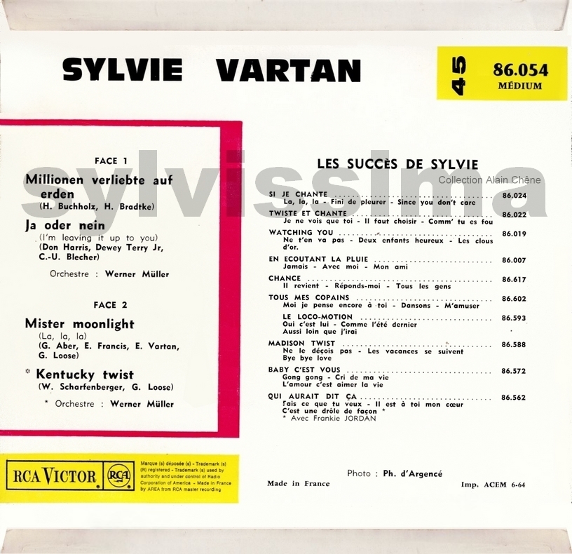 EP Sylvie Vartan RCA  86.054 -  Mister Moonlight Ⓟ 1964  verso