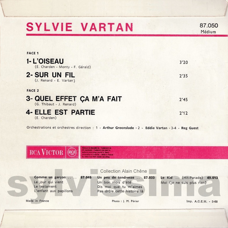 EP Sylvie Vartan L'oiseau - 87.050 - Ⓟ 1968 verso