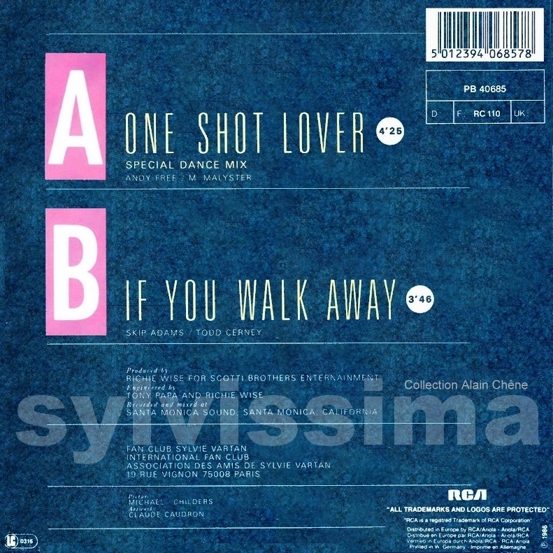 SP Sylvie Vartan One shot lover  -  Pn 40 685  -  Ⓟ 1985  verso