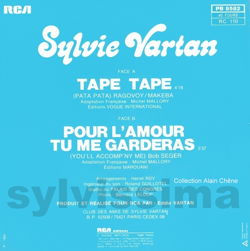 SP Sylvie Vartan Tape tape  -  PB 8582  -  Ⓟ 1980  verso