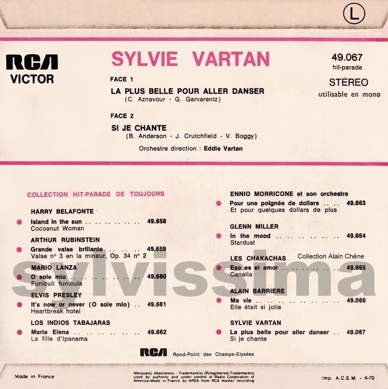 SP Sylvie Vartan Hit Parade de toujours Volume 1 - 49 067- Ⓟ 1970 verso
