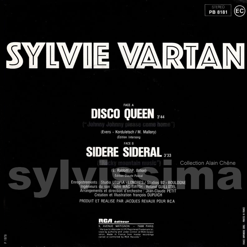 SP Sylvie Vartan Disco Queen  -  PB 8181  -  Ⓟ 1978  verso