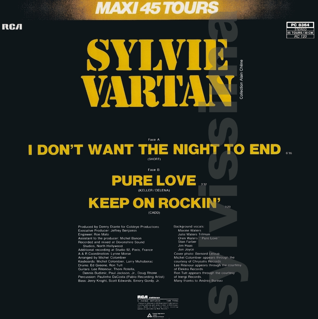 Maxi 45 tours  Sylvie Vartan  I don't want the night to end - PC 8364 - Ⓟ 1979  verso