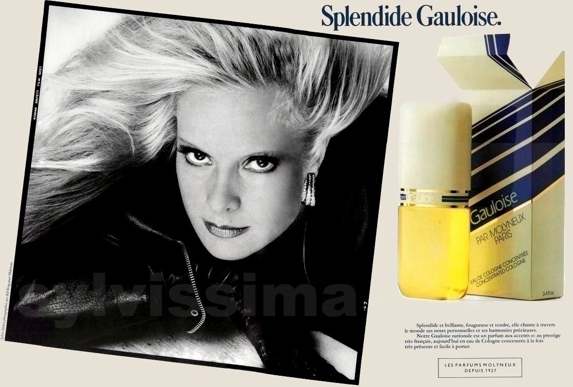 Publicité "Splendide gauloise" des parfums Molyneux, 1983, photo de Sylvie Vartan par Bill KIng