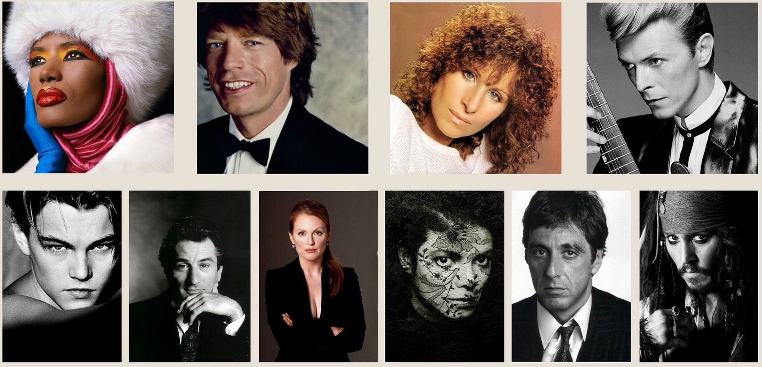 Grace Jones, Mick Jagger, Barbra Streisand, David Bowie, Leonardo Di Caprio, Robert de Niro, Julianne Moore, Michael Jackson, Al Pacino, Johnny Depp photographiés par Greg Gorman