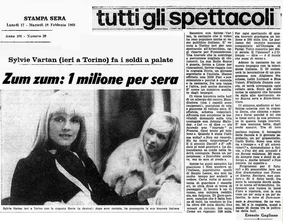 Sylvie Vartan article La Stampa Sera Zum zum : 1 milione per sera
