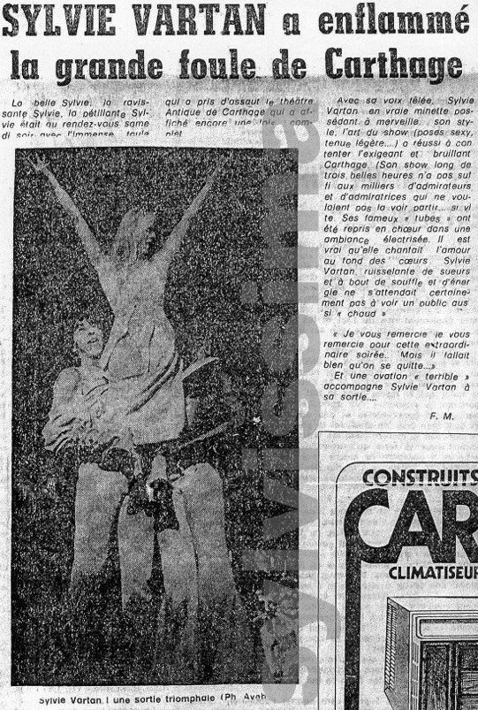Article Tunis hebdo du 1er août 1977 : Sylvie Vartan a enflammé la grande foule de Carthage
