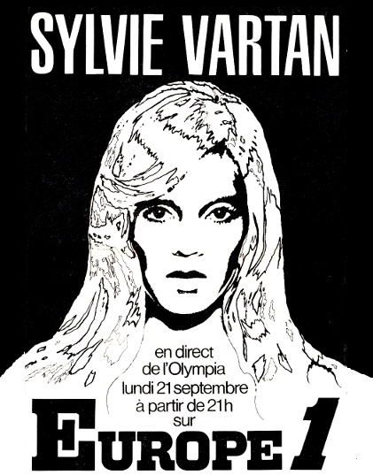 Affiche publicitaire d'Europe 1 annonçant la diffusion en direct sur Europe 1 du concert de Sylvie Vartan à l'Olympia, septembre 1970