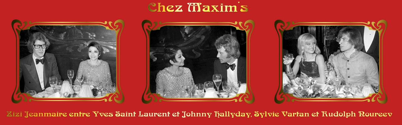 Yves Saint Laurent, Zizi Jeanmaire, Johnny Hallyday, Sylvie Vartan et Rudolph Noureev chez Maxim's  au soir de la première de "La revue"   le 5 février 1970