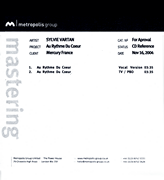 Sylvie Vartan CDS promo  "Au rythme du cœur"   Mastering Ⓟ 2004